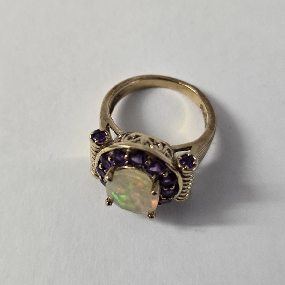 Sterling Silver 925 Gold Opal and Amethyst Ring